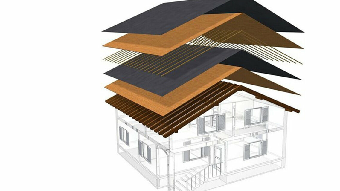 Technické znázornění střešní konstrukce studené střechy, vícevrstvá střešní konstrukce s laťováním, plné bednění, separační vrstva, krov, půdu lze využít i jako obytný prostor, dvouvrstvá střešní konstrukce, odvětrávaná střešní konstrukce, kontralaťování