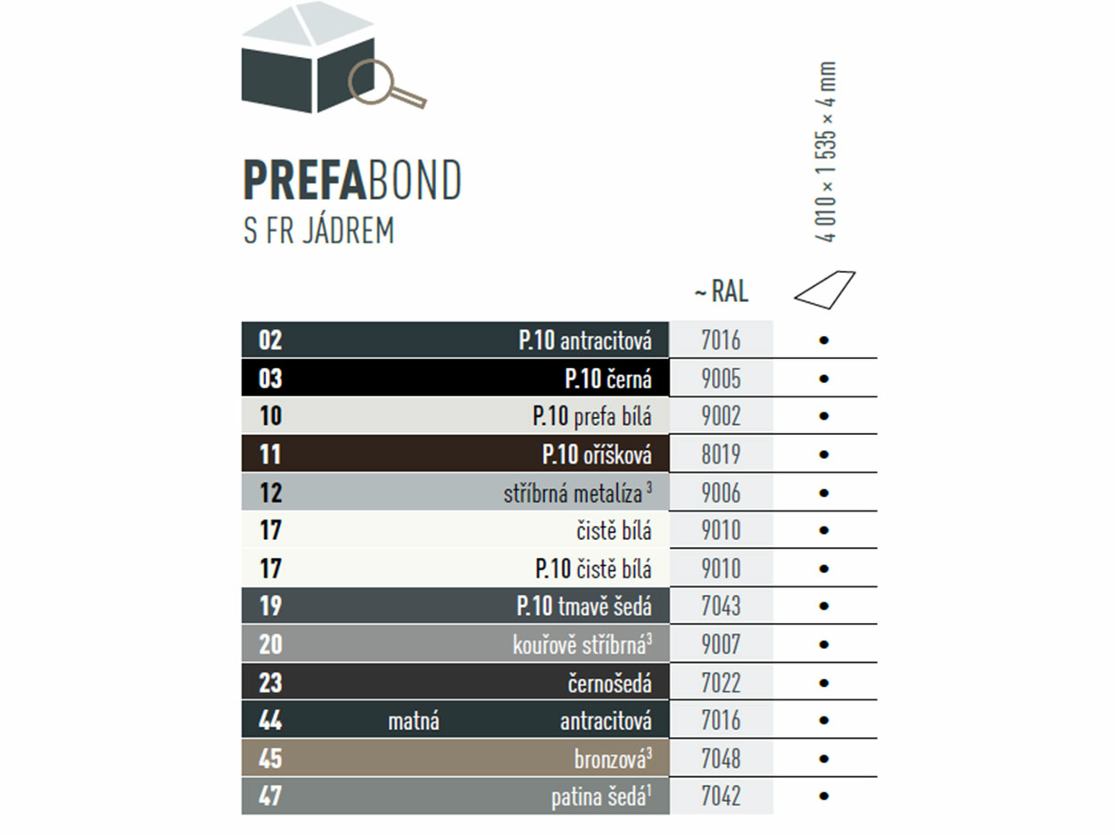 Přehled barev hliníkových kompozitních panelů PREFABOND. Hliníkové kompozitní panely PREFABOND jsou k dostání v různých barvách v kvalitě P.10 a standardních barvách.