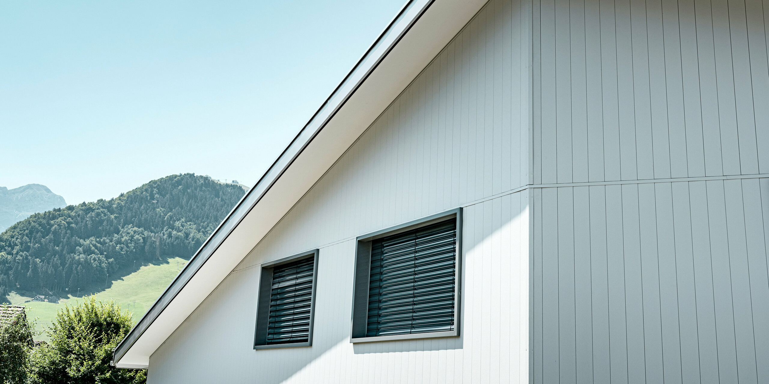 Detail nároží domu opláštěného fasádními lamelami Siding 