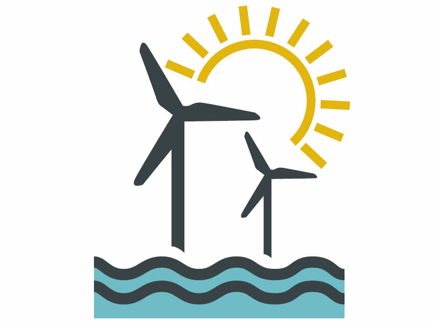 Stylizovaný obrázek s větrnými turbínami, sluncem a vodou představující zelenou elektřinu