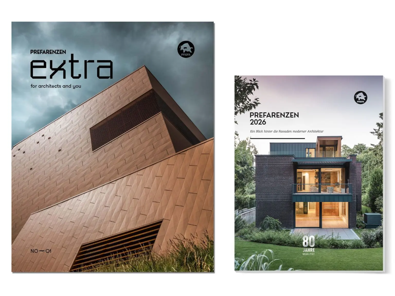 Zwei PREFARENZEN-Bücher nebeneinander: links das Cover „extra“ mit moderner Aluminiumfassade, rechts das Cover „PREFARENZEN 2026“ mit zeitgenössischem Wohnhaus im Grünen.