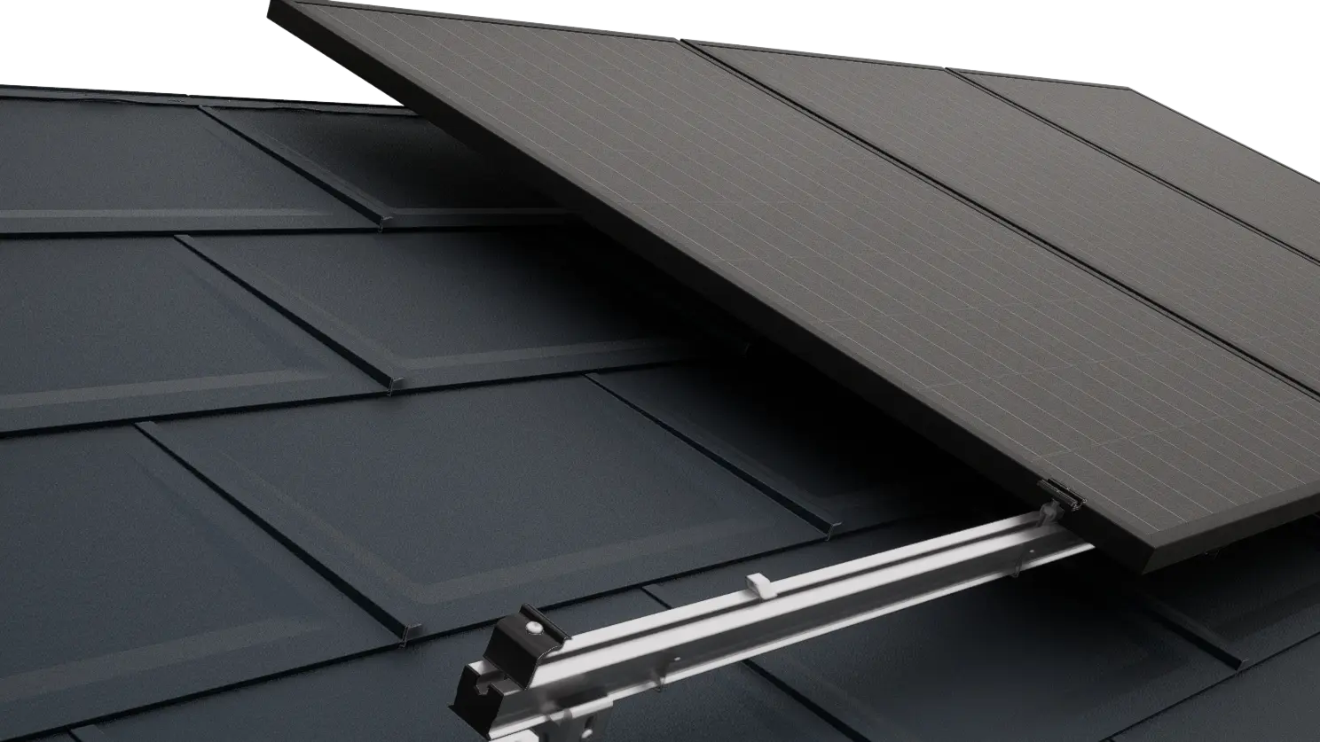 Detailní pohled na střechu PREFA s fotovoltaickými panely, které byly upevněny pomocí montážního systému k solárním panelům PREVARIO.