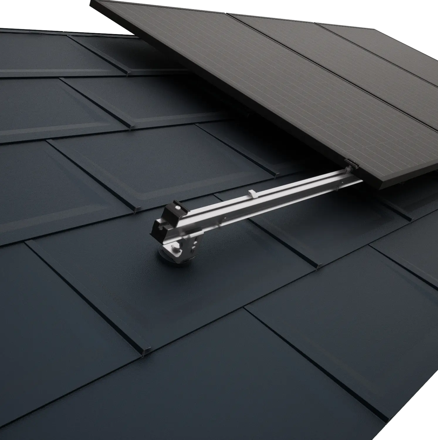 Detailní pohled na střechu PREFA s fotovoltaickými panely, které byly upevněny pomocí montážního systému k solárním panelům PREVARIO.