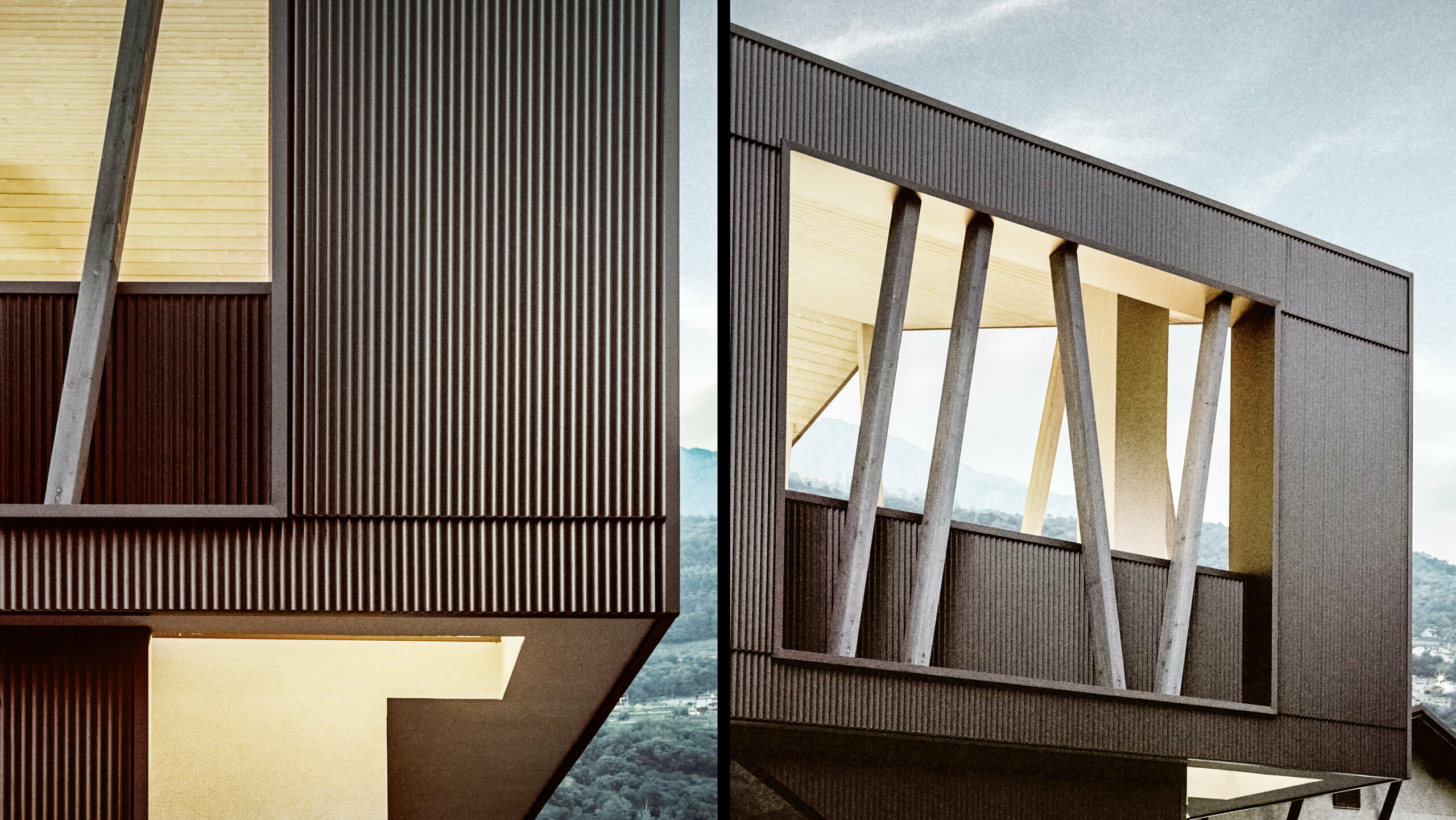 Kompilace dvou záběrů budovy oba ukazují budovu s jejím pilovým Zackenprofilem vč. šikmých dřevěných trámů