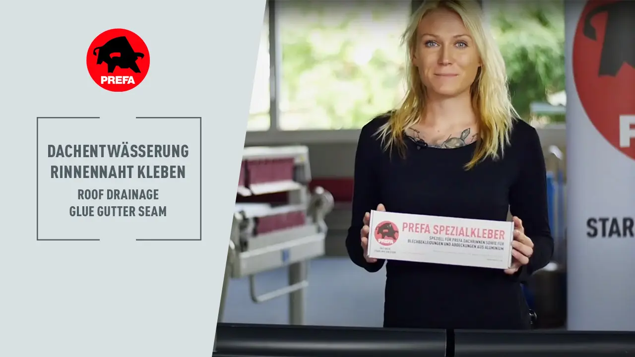Thumbnail für das Youtube Video vom PREFA Academy Kanal "Spojení žlabů lepením"