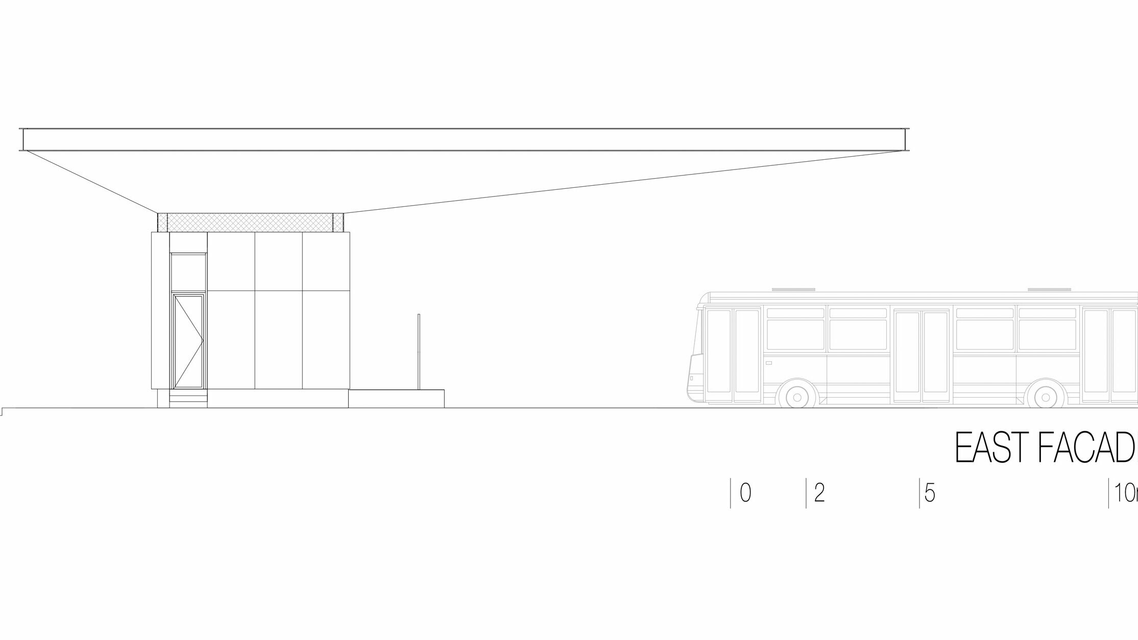 Výkres ukazuje východní pohled na autobusovou zastávku "Autobusni Kolodvor Slavonski Brod" v Chorvatsku. Ilustrace zdůrazňuje štíhlou horizontální strukturu bílé střechy Prefalz od PREFA, která se táhne po celé délce budovy. Pod střechou je obdélníková konstrukce s jasnými liniemi a velkými prosklenými plochami. Na obrázku je vpravo vidět autobus, který znázorňuje proporce zastávky ve vztahu k vozidlu. Východní elevace zdůrazňuje moderní a funkční architekturu stanice, která díky použití skla a hliníku vytváří světlou a přívětivou atmosféru.