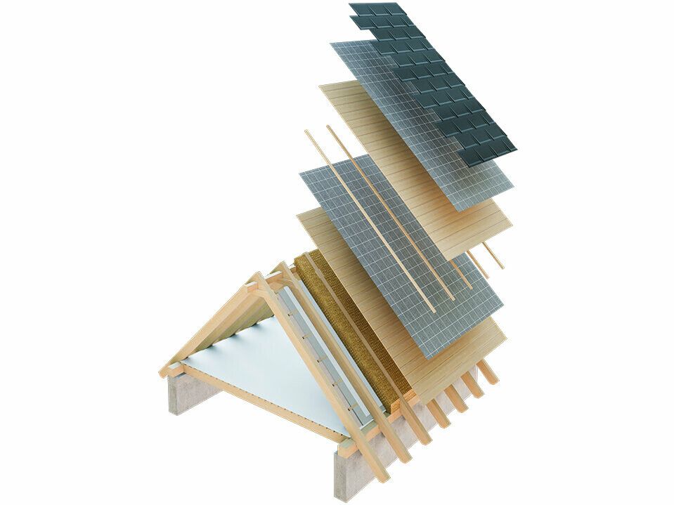 Technické znázornění střešní konstrukce studené střechy, vícevrstvá střešní konstrukce s laťováním, plné bednění, separační vrstva, krov, půdu lze využít i jako obytný prostor, dvouvrstvá střešní konstrukce, odvětrávaná střešní konstrukce, kontralaťování