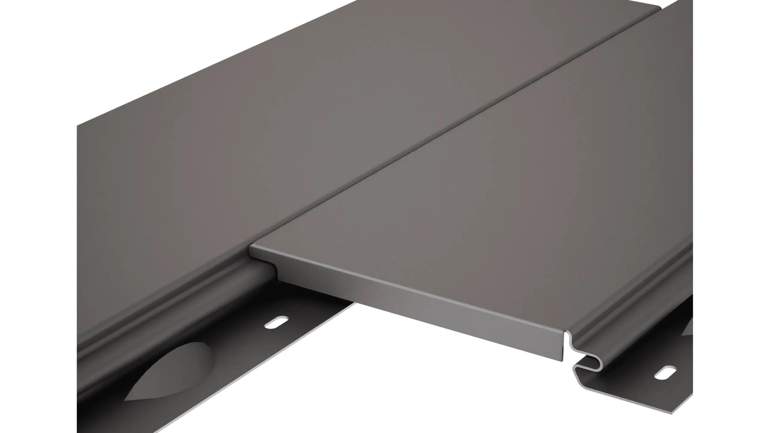 Detailní pohled na hliníkovou fasádní lamelu PREFA Siding bez přiznané spáry s hladkým povrchem. 