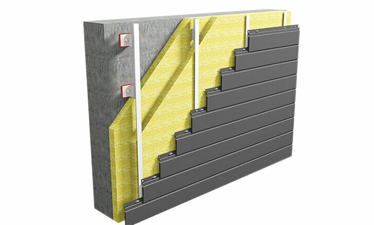 Wandaufbau mit PREFA Sidings (horizontal verlegt) auf Aluminium Unterkonstruktion