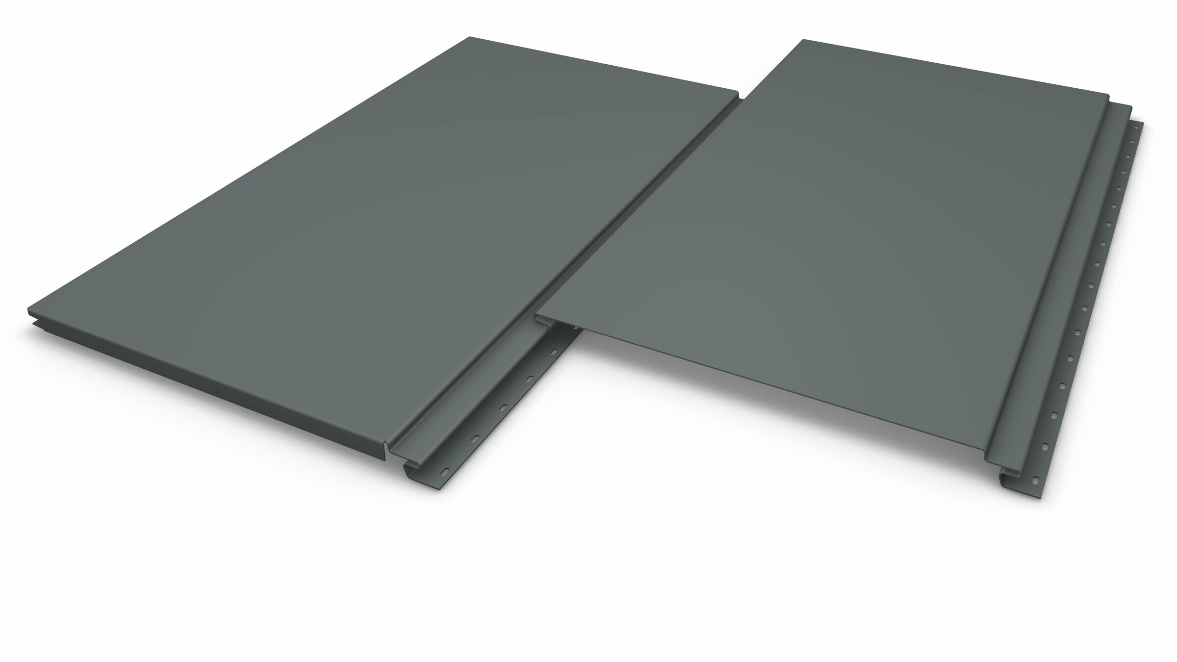 Detailní záběr dvou fasádních panelů Siding se stínovými mezerami. S novými stavebními šířkami PREFA Sidings 500 a 600 lze rychle obkládat velké plochy.