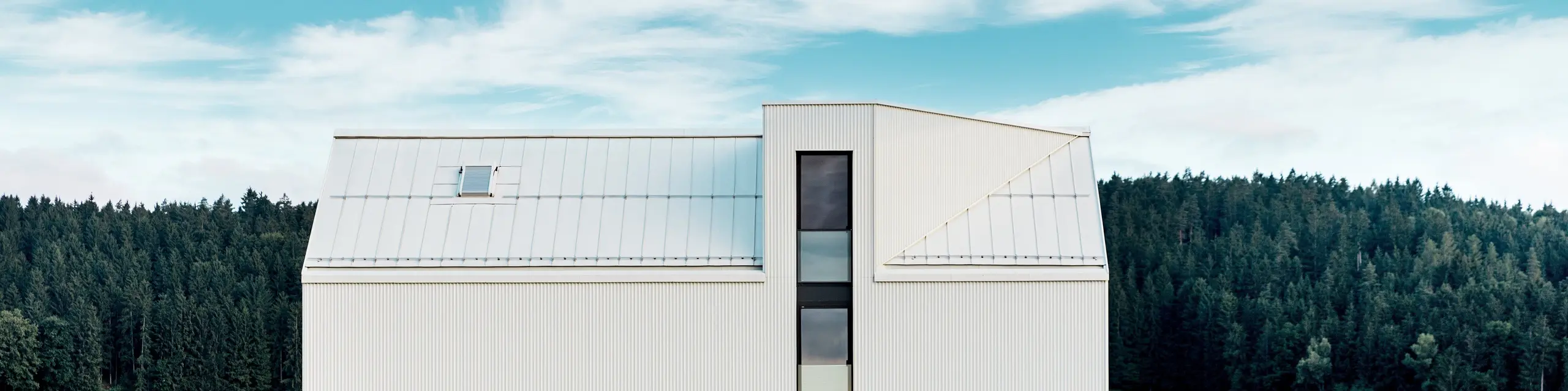 Obrázek ukazuje boční pohled na rodinný dům ve Freistadtu, který zdůrazňuje výraznou minimalistickou architekturu budovy. Čistě bílá hliníková fasáda PREFALZ a strmá sedlová střecha vytvářejí čistou, moderní siluetu, která harmonicky zapadá do zeleného okolí. Velká okna a elegantní vikýř zdůrazňují funkční design, zatímco vysoce kvalitní hliník zajišťuje estetickou trvanlivost i odolnost vůči povětrnostním vlivům. Díky svému jednoduchému tvaru a použití trvanlivých materiálů budova vyzařuje nadčasovou eleganci a představuje dokonalou kombinaci architektury a spojení s přírodou.