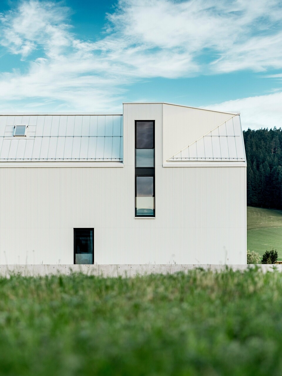Obrázek ukazuje boční pohled na rodinný dům ve Freistadtu, který zdůrazňuje výraznou minimalistickou architekturu budovy. Čistě bílá hliníková fasáda PREFALZ a strmá sedlová střecha vytvářejí čistou, moderní siluetu, která harmonicky zapadá do zeleného okolí. Velká okna a elegantní vikýř zdůrazňují funkční design, zatímco vysoce kvalitní hliník zajišťuje estetickou trvanlivost i odolnost vůči povětrnostním vlivům. Díky svému jednoduchému tvaru a použití trvanlivých materiálů budova vyzařuje nadčasovou eleganci a představuje dokonalou kombinaci architektury a spojení s přírodou.