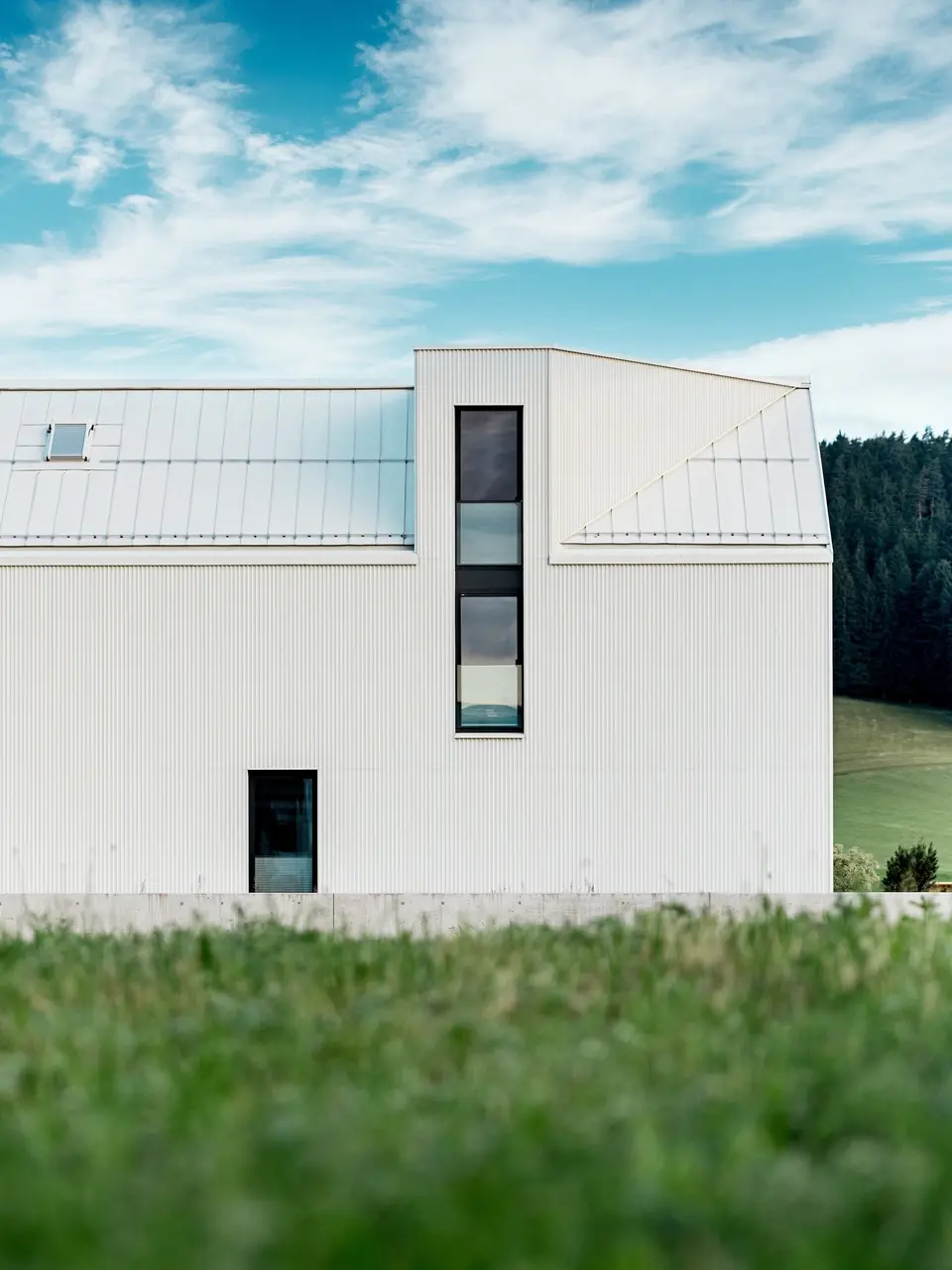 Obrázek ukazuje boční pohled na rodinný dům ve Freistadtu, který zdůrazňuje výraznou minimalistickou architekturu budovy. Čistě bílá hliníková fasáda PREFALZ a strmá sedlová střecha vytvářejí čistou, moderní siluetu, která harmonicky zapadá do zeleného okolí. Velká okna a elegantní vikýř zdůrazňují funkční design, zatímco vysoce kvalitní hliník zajišťuje estetickou trvanlivost i odolnost vůči povětrnostním vlivům. Díky svému jednoduchému tvaru a použití trvanlivých materiálů budova vyzařuje nadčasovou eleganci a představuje dokonalou kombinaci architektury a spojení s přírodou.