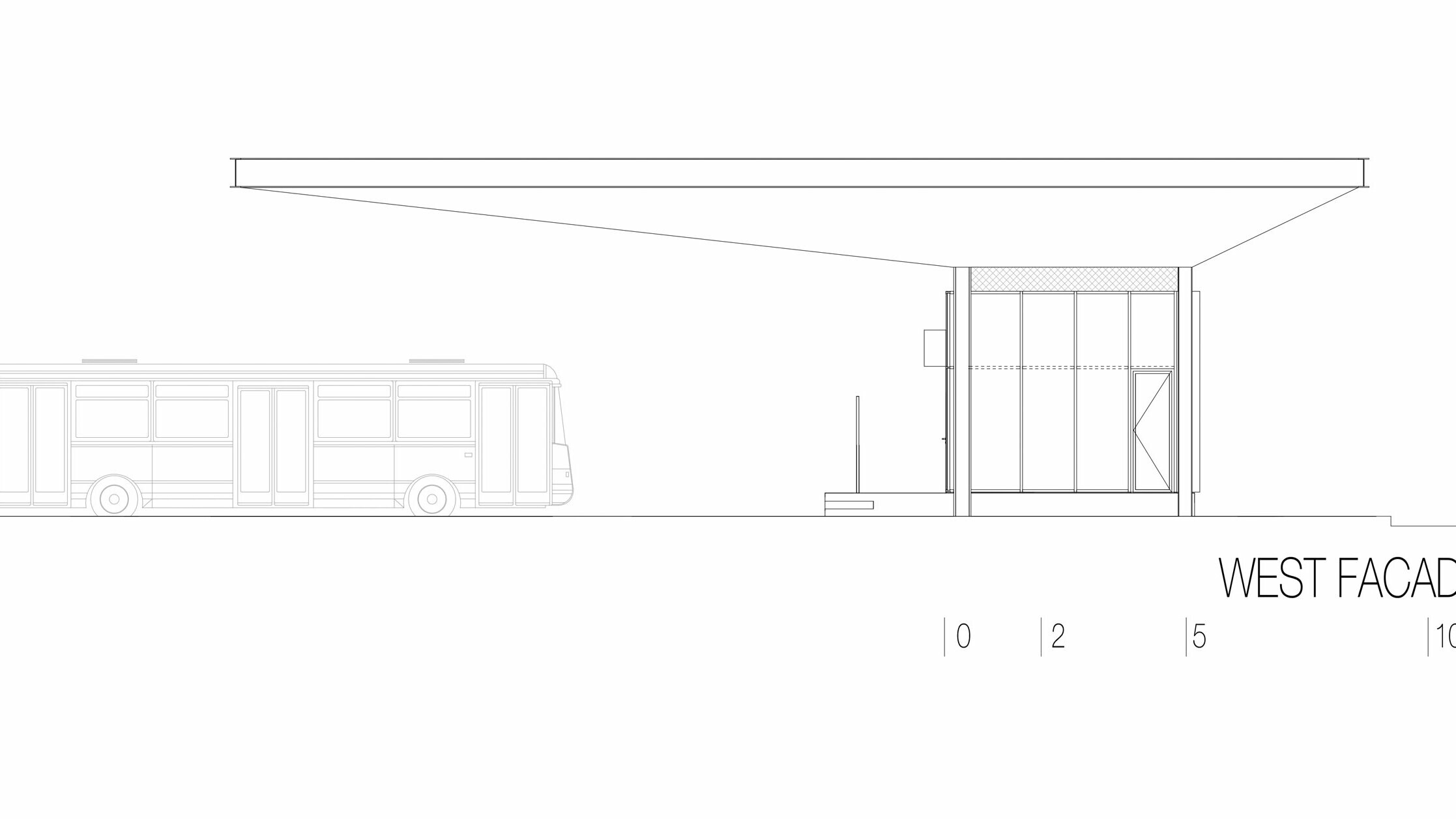 Výkres ukazuje západní pohled na autobusovou zastávku "Autobusni Kolodvor Slavonski Brod" v Chorvatsku. Vyobrazení zvýrazňuje dlouhou horizontální bílou střechu Prefalz PREFA, která se rozprostírá přes oblast pod ní. Vpravo na výkresu vidíte obdélníkovou budovu s velkými prosklenými plochami a jasnými liniemi. Vlevo je autobus, který znázorňuje proporce zastávky ve vztahu k vozidlu. Západní pohled zdůrazňuje moderní a funkční architekturu zastávky, která díky kombinaci skla a hliníku vytváří světlou a příjemnou atmosféru.