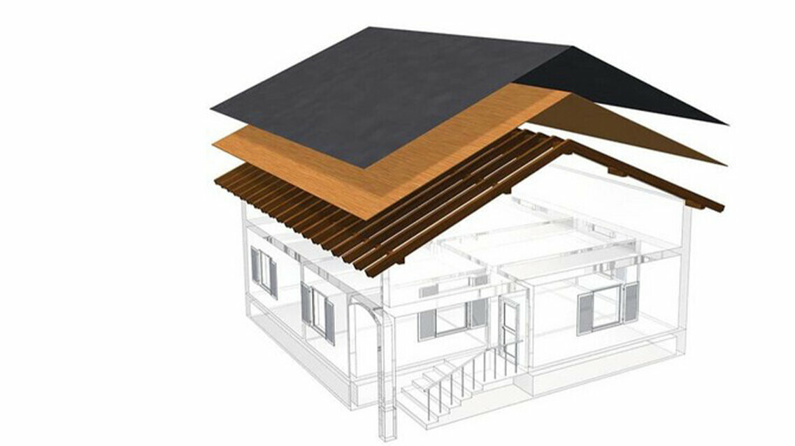 Technické znázornění jednovrstvé střešní konstrukce PREFA – půdu nelze obývat, neboť slouží k odvětrávání kovové střechy, plné bednění a separační vrstva bez laťování, Teplá střecha
