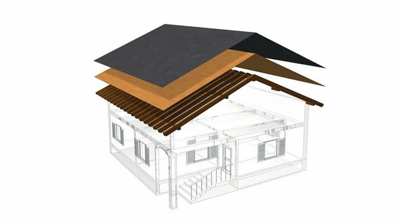 Technické znázornění jednovrstvé střešní konstrukce PREFA – půdu nelze obývat, neboť slouží k odvětrávání kovové střechy, plné bednění a separační vrstva bez laťování, Teplá střecha