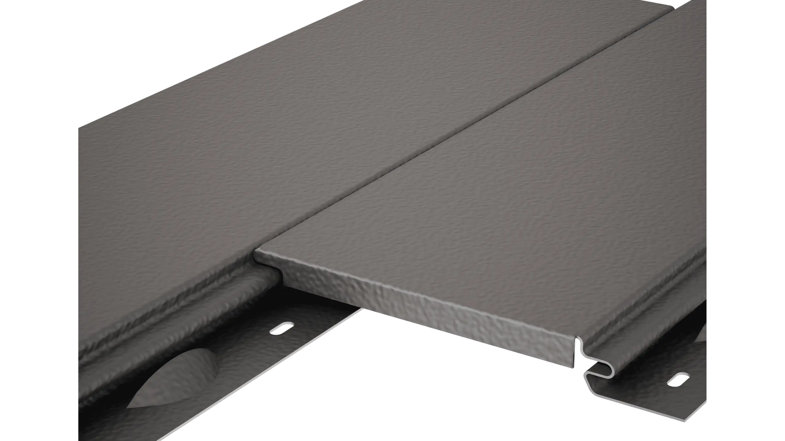 Detailní pohled na hliníkovou fasádní lamelu PREFA Siding bez přiznané spáry s povrchem stucco.