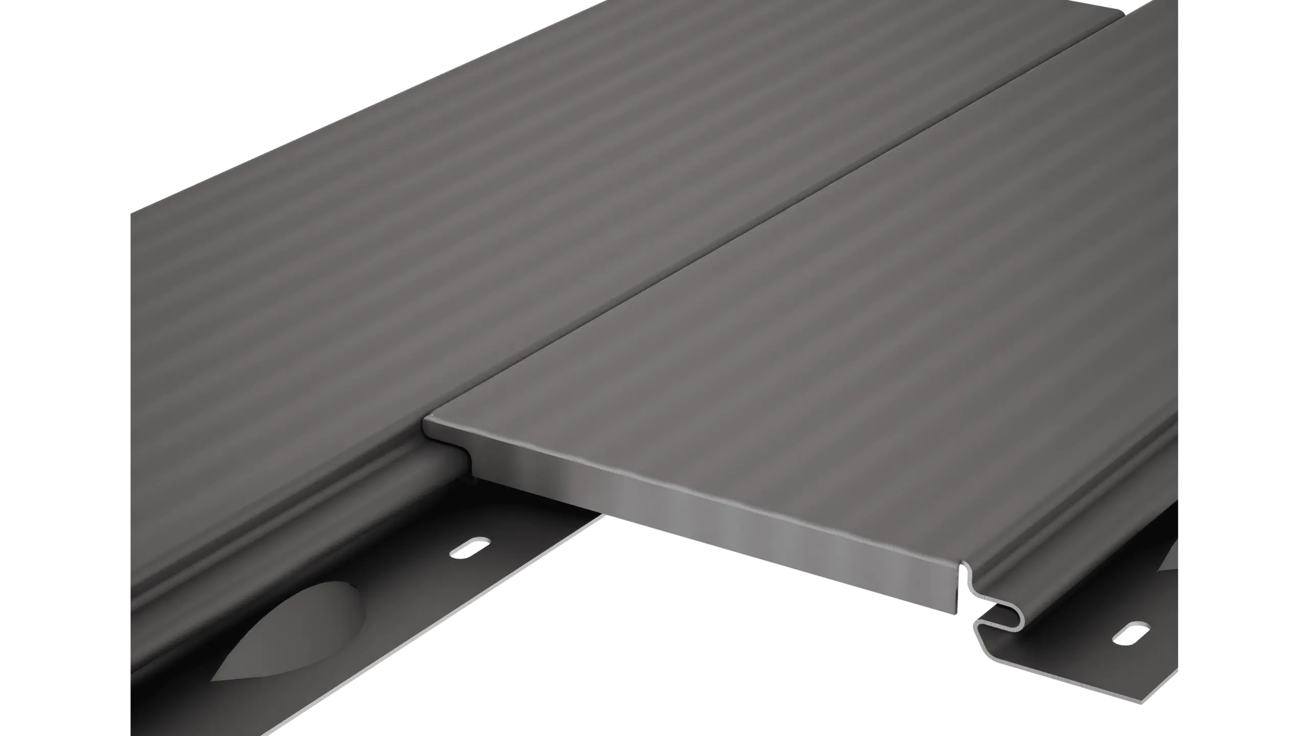 Detailní pohled na hliníkovou fasádní lamelu PREFA Siding bez přiznané spáry s linkovaným povrchem.