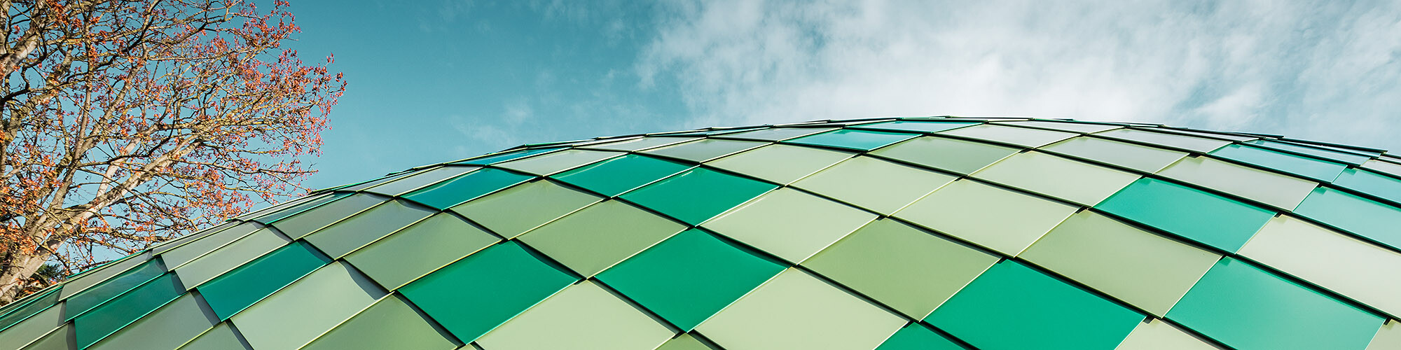 Detailní záběr na vícenásobně zakřivenou hliníkovou fasádu ve třech různých odstínech zelené od PREFA, v pozadí je vidět obloha a strom.