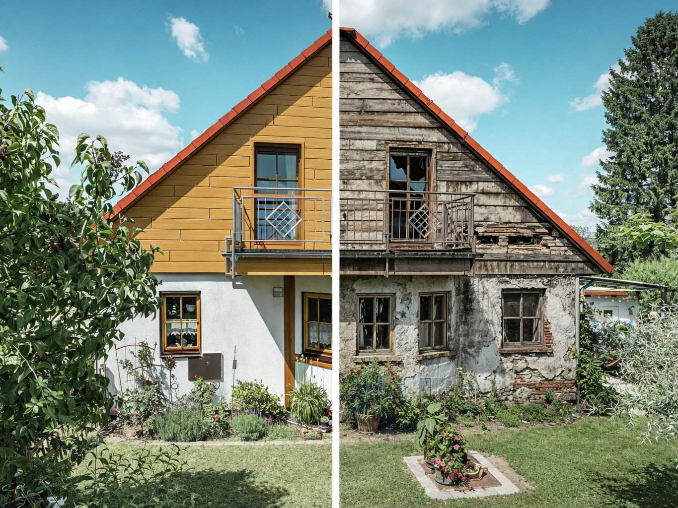 Fotografie domu se dvěma odlišnými stranami fasády: Levá strana ukazuje moderní, dobře udržovanou fasádu s hliníkovou fasádou PREFA v imitaci dřeva, zatímco pravá strana znázorňuje zchátralou fasádu, která potřebuje opravu, s rozbitými okny a oprýskanou barvou. Přechod mezi těmito dvěma stavy vymezuje jasná hranice pod čistou modrou oblohou.