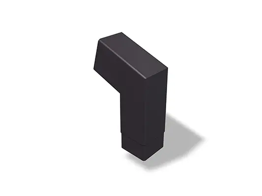 PREFA koleno hranatého svodu 72° (krátké), dostupné ve velikostech 80 a 100 mm, s rozměry 196 x 196 mm (viditelné). Toto kompaktní koleno umožňuje přesnou změnu směru při instalaci hranatých svodů ve střešních a fasádních systémech.