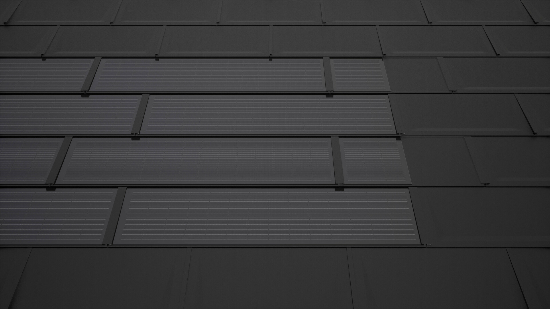 PREFA integrovaný solární panel SDP v černé barvě s doplňkovými deskami. Ty zajišťují obdélníkovou plochu modulu a přispívají k harmonickému celkovému vzhledu solární střechy.