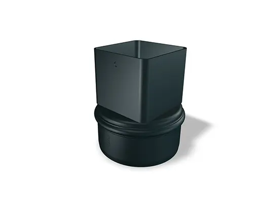 Hranaté zaústění do kruhového odpadu 80 PREFA, dostupné ve velikostech 80 Ø 106 mm a 80 Ø 115 mm, slouží k flexibilnímu spojení hranatých svodů a zajišťuje spolehlivé utěsnění v odvodňovacích systémech střech.