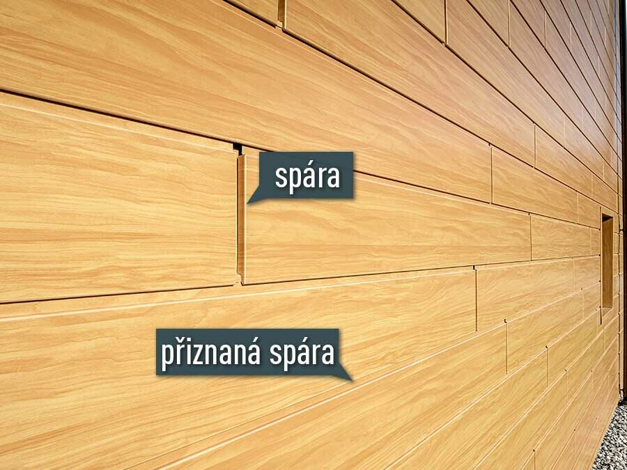 Zobrazení Sidings v designu dřeva s PREFA (dub přírodní) spárou a přiznanou spárou.