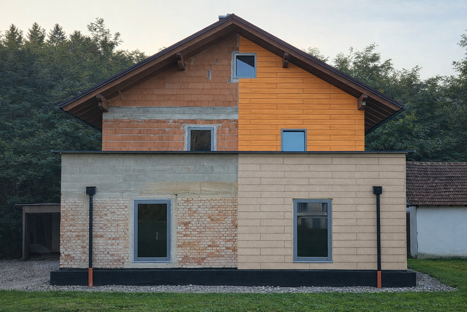 Fotografické služby pro rekonstrukci fasád: Profesionálně pořízené snímky domu před a po rekonstrukci s různými fasádními materiály pro realistickou vizualizaci řešení rekonstrukce. (Obrázek upravený pomocí umělé inteligence)