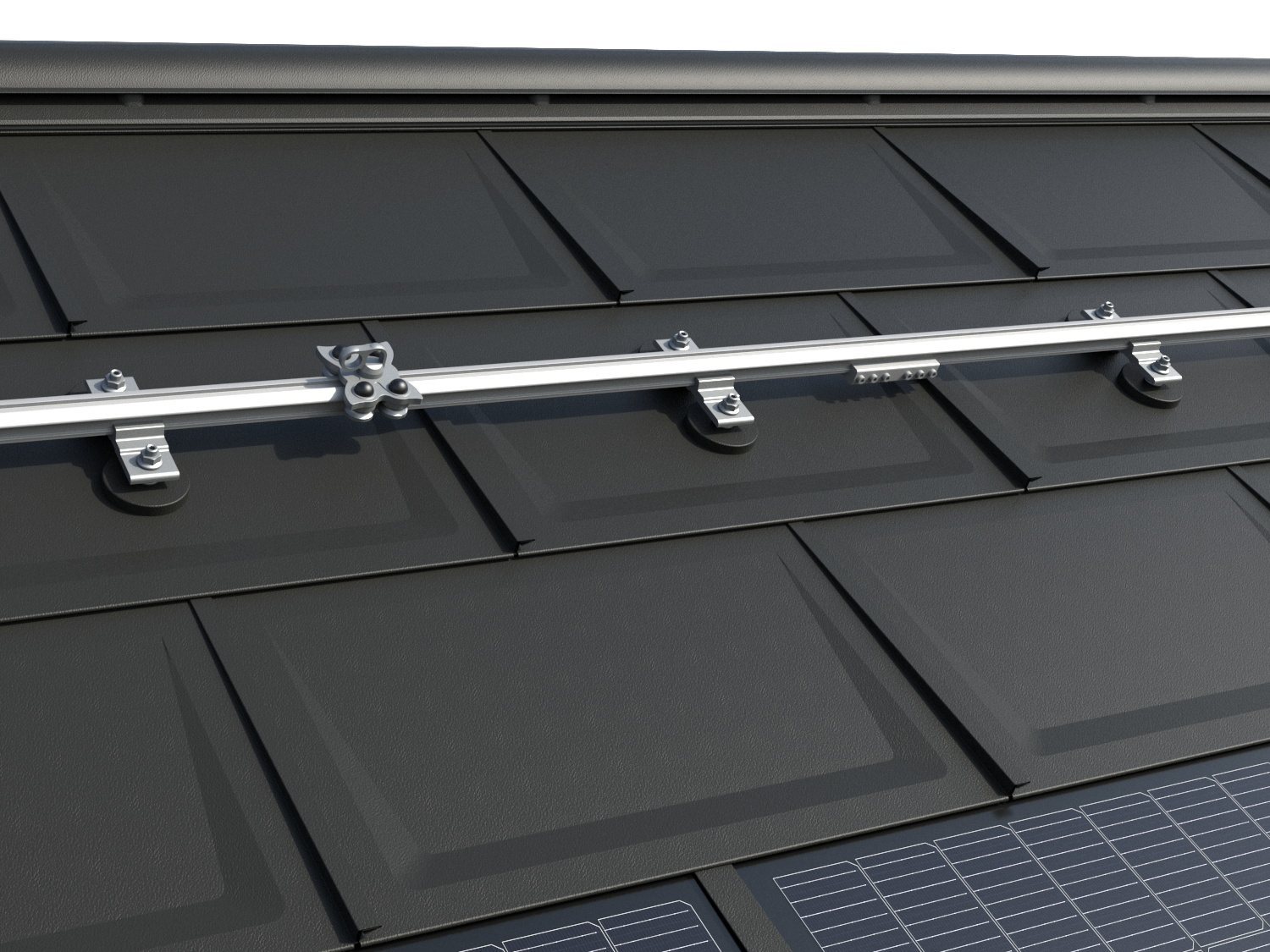 Obrázek ukazuje kolejnicový systém TAURUS od společnosti INNOTECH® na střeše PREFA s osvědčeným střešním panelem R.16. Instalace zahrnuje horizontální vodicí lišty a speciálně navržené kluzáky, které umožňují bezpečný přístup k fotovoltaickým systémům a jejich údržbu. Systém je vhodný pro všechny maloformátové panely PREFA a nabízí spolehlivé řešení pro instalaci a údržbu fotovoltaických systémů. Bezpečnostní systém, vyvinutý společností PREFA ve spolupráci s odborníky na bezpečnost práce ze společnosti INNOTECH®, je certifikován dle normy EN 795 typ A a D a je navržen pro bezpečnost dvou osob. Inovativní střešní solární panely PREFA jsou vidět ve spodní části obrázku.