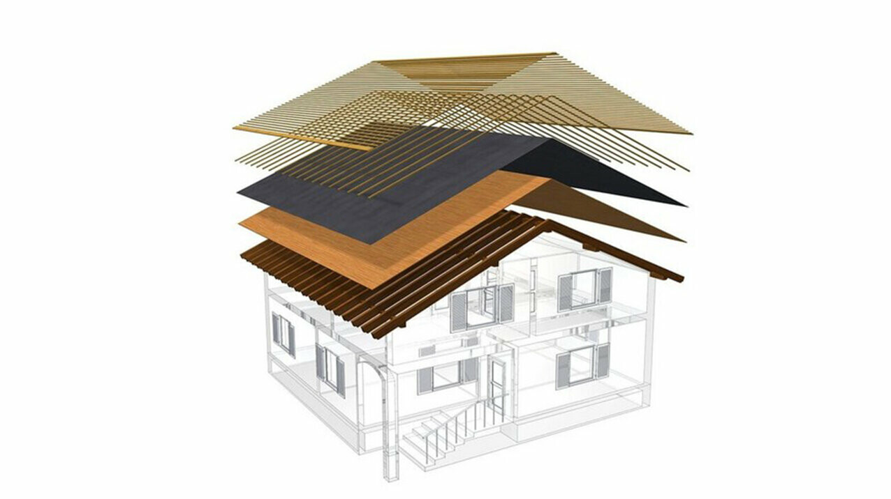 Technické znázornění střešní konstrukce studené střechy, vícevrstvá střešní konstrukce s laťováním, plné bednění, separační vrstva, krov, půdu lze využít i jako obytný prostor, dvouvrstvá střešní konstrukce, odvětrávaná střešní konstrukce, kontralaťování
