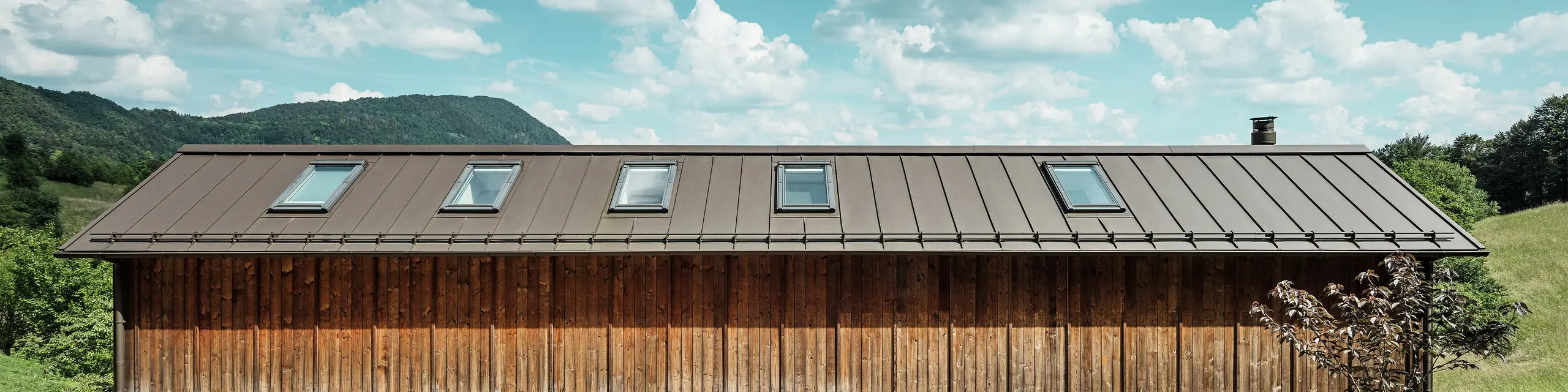 Tento moderní dům na svahu zaujme svou minimalistickou dřevěnou fasádou a odolnou hliníkovou střechou PREFALZ v barvě P.10 tmavě hnědé. Střešní krytina od PREFA zaujme svou vysokou odolností vůči povětrnostním vlivům a dlouhou životností, stejně jako harmonickou souhrou s okolní přírodou. Integrované střešní okna a čisté linie zdůrazňují nadčasovou architekturu. Fotografie ukazuje vstupní prostor malého rodinného domu.