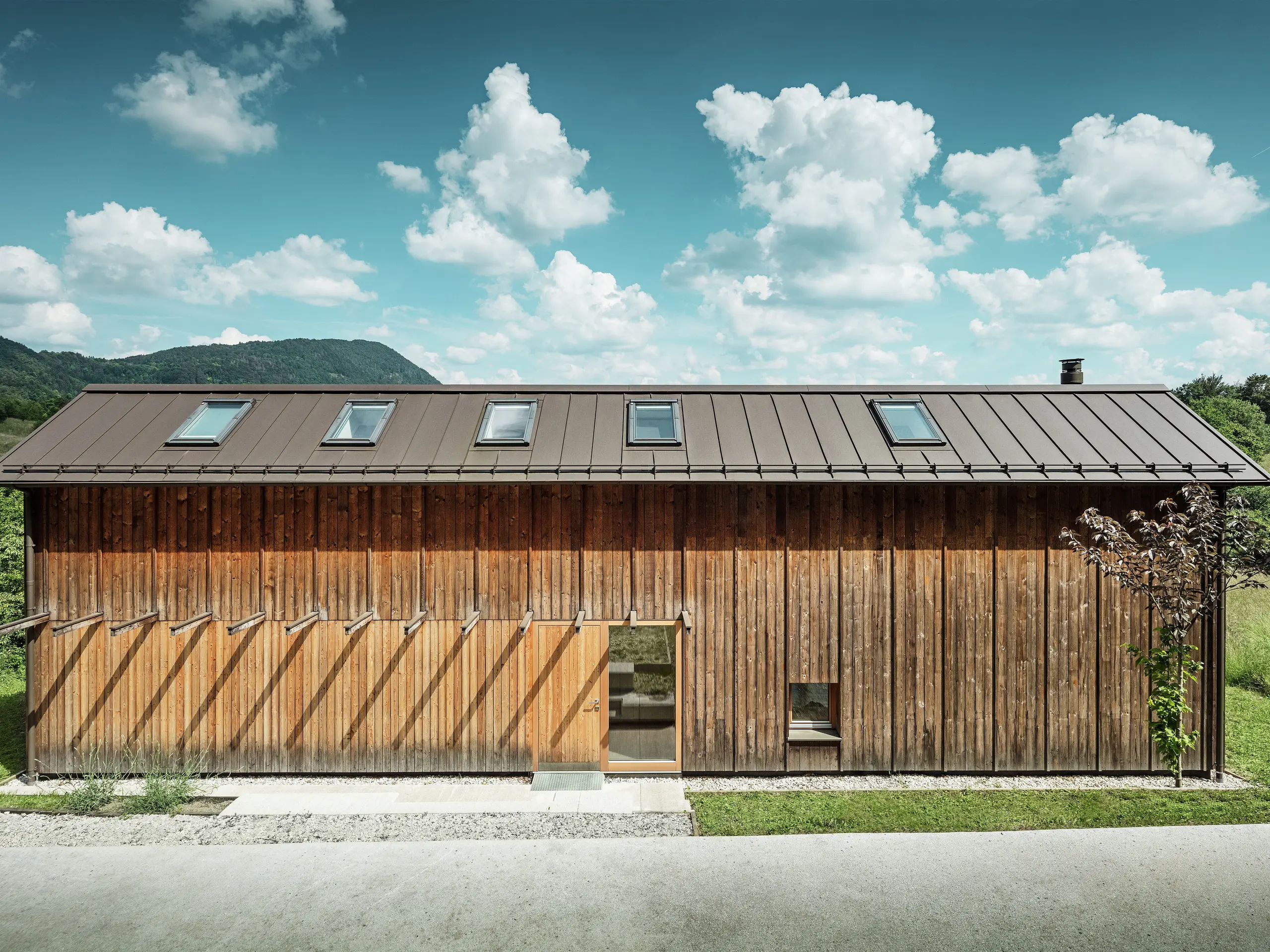Tento moderní dům na svahu zaujme svou minimalistickou dřevěnou fasádou a odolnou hliníkovou střechou PREFALZ v barvě P.10 tmavě hnědé. Střešní krytina od PREFA zaujme svou vysokou odolností vůči povětrnostním vlivům a dlouhou životností, stejně jako harmonickou souhrou s okolní přírodou. Integrované střešní okna a čisté linie zdůrazňují nadčasovou architekturu. Fotografie ukazuje vstupní prostor malého rodinného domu.