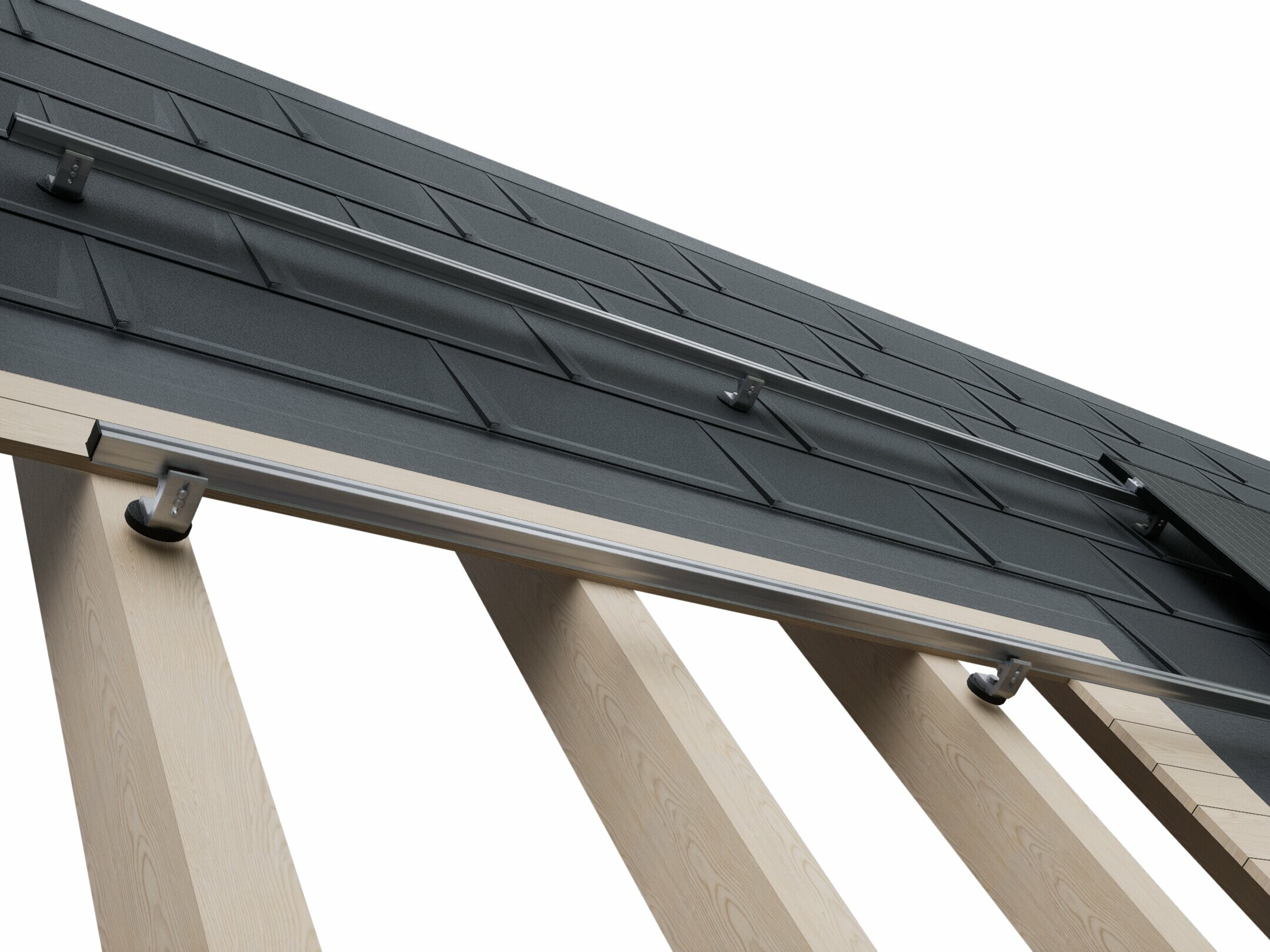 Diagram znázorňuje schematickou strukturu systému PREVARIO pro montáž solárních modulů na střešní systémy PREFA. Jednotlivé upevňovací body se nacházejí přímo na každém druhém krokvi a probíhají po celé střešní ploše. Střešní panely PREFA R.16 jsou montovány na pevnou desku. Na tuto desku jsou připevněny robustní hliníkové lišty, které tvoří podkladovou konstrukci pro FV moduly, jež se následně snadno instalují. Díky robustnímu systému montáže solárních modulů lze počet potřebných upevňovacích bodů snížit na polovinu při zachování stejné stability.