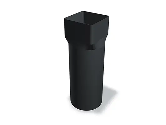 PREFA hranaté zaústění do kruhového odpadu 100, dostupné ve velikostech 100 Ø 98 mm a 100 Ø 115 mm, umožňuje bezpečné spojení hranatých svodů v odvodňovacích systémech střech. Tato mufla zajišťuje stabilní a trvalé utěsnění.