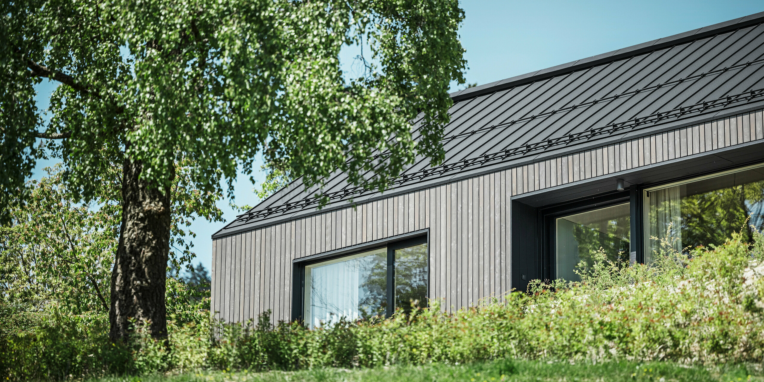Pohled z dálky na masivní dřevostavbu se střechou PREFALZ v barvě P.10 černé. V okolí domu se nachází zeleň.