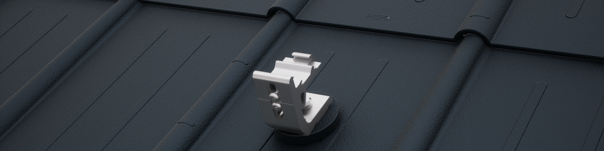 Ukázka montážního systému solárních panelů PREVARIO 3.S, namontovaného na klasických falcovaných taškách PREFA v černé barvě. Systém montáže solárních panelů je perfektním základem pro fotovoltaická střešní řešení na hliníkových střechách PREFA.