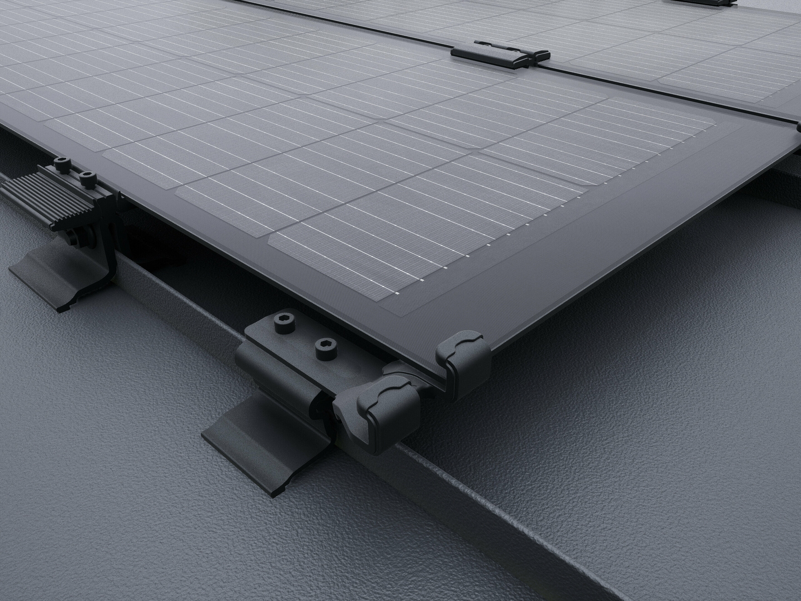 Detailní pohled na sklo-sklo solární panel PREFALZ v černé eloxované barvě.