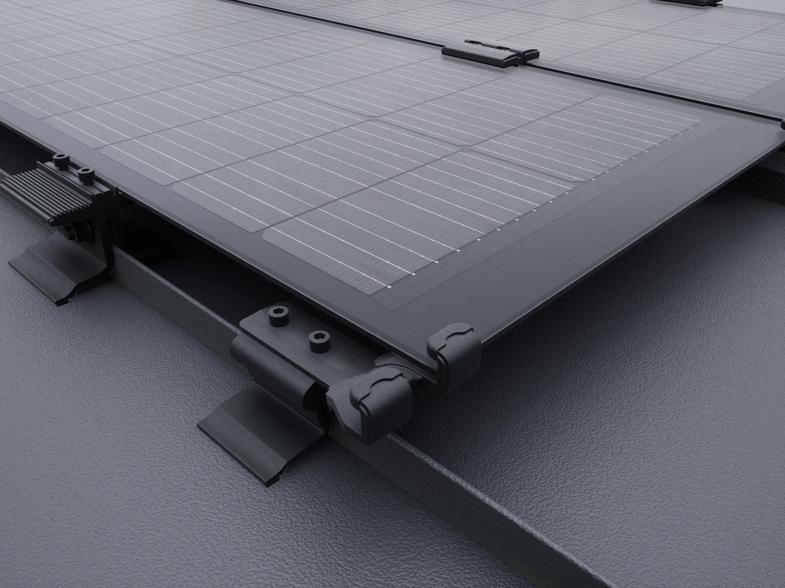 Detailní pohled na sklo-sklo solární panel PREFALZ v černé eloxované barvě.