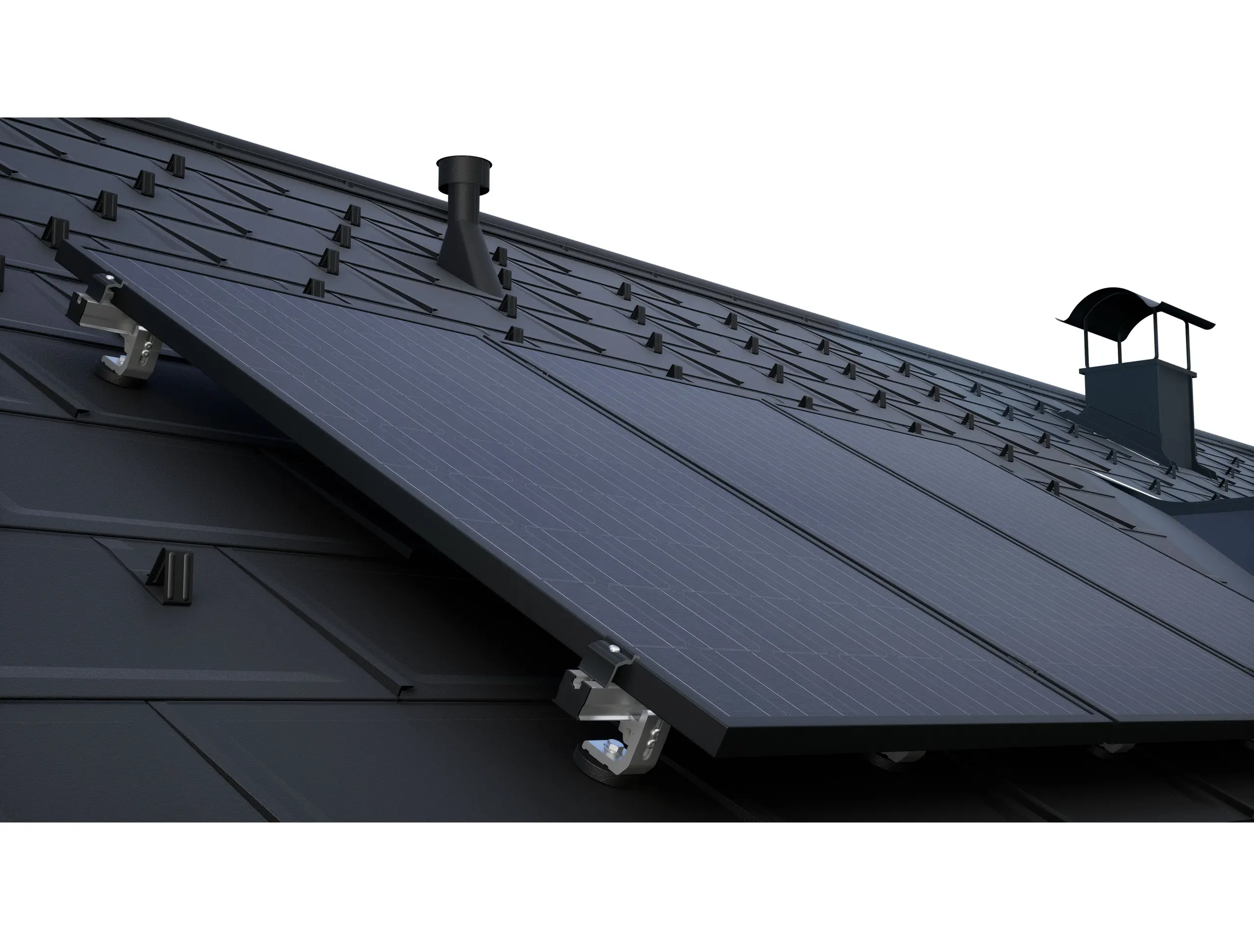 PV panely namontované pomocí montážního systému k solárním panelům PREVARIO na tmavé střeše PREFA s falcovanými taškami R.16.