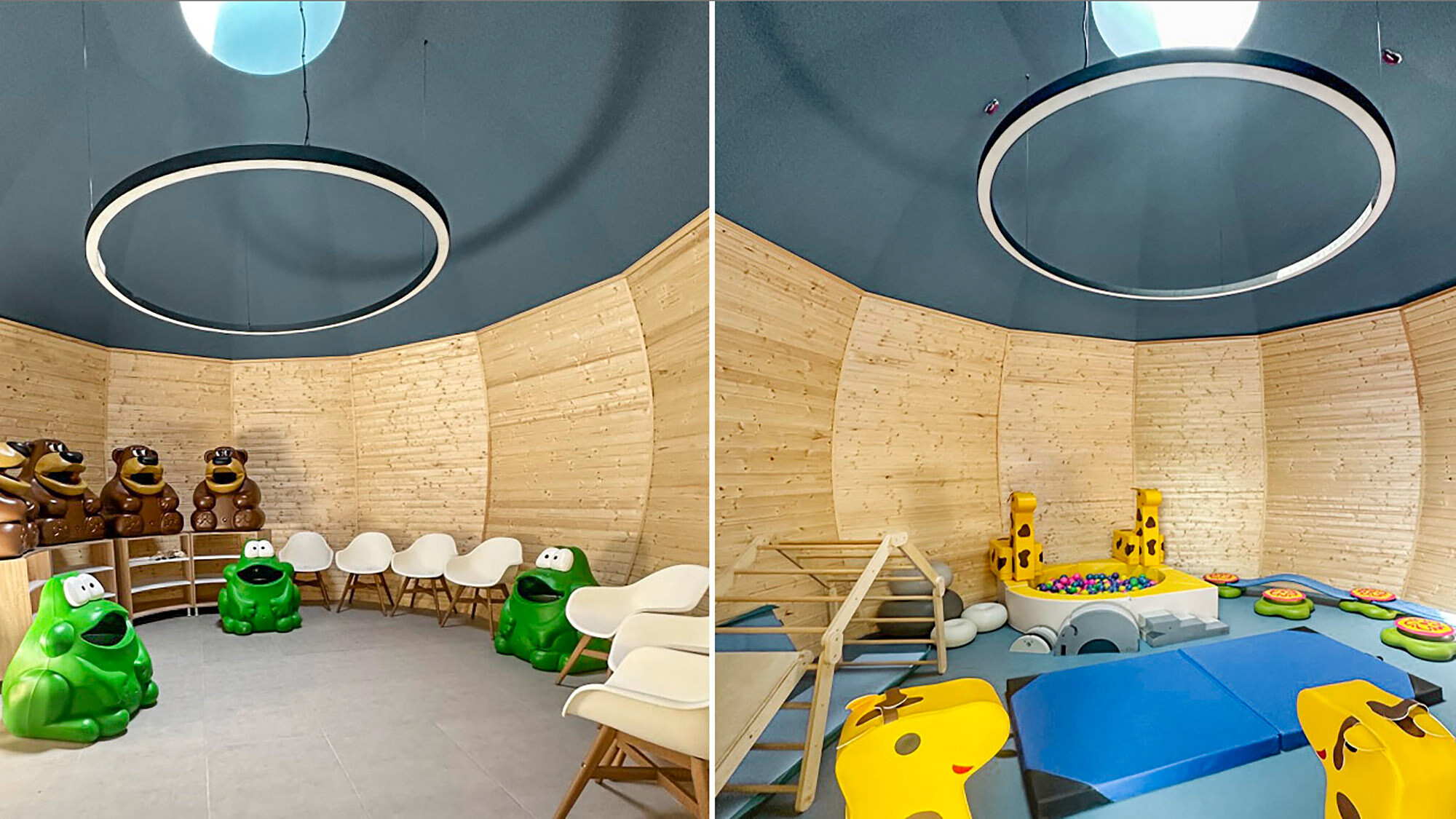 Dva pohledy do interiéru nové kupole: vlevo s hravým, veselým nábytkem a sedadly s úložnými prostory, vpravo s gymnastickým náčiním a hračkami.