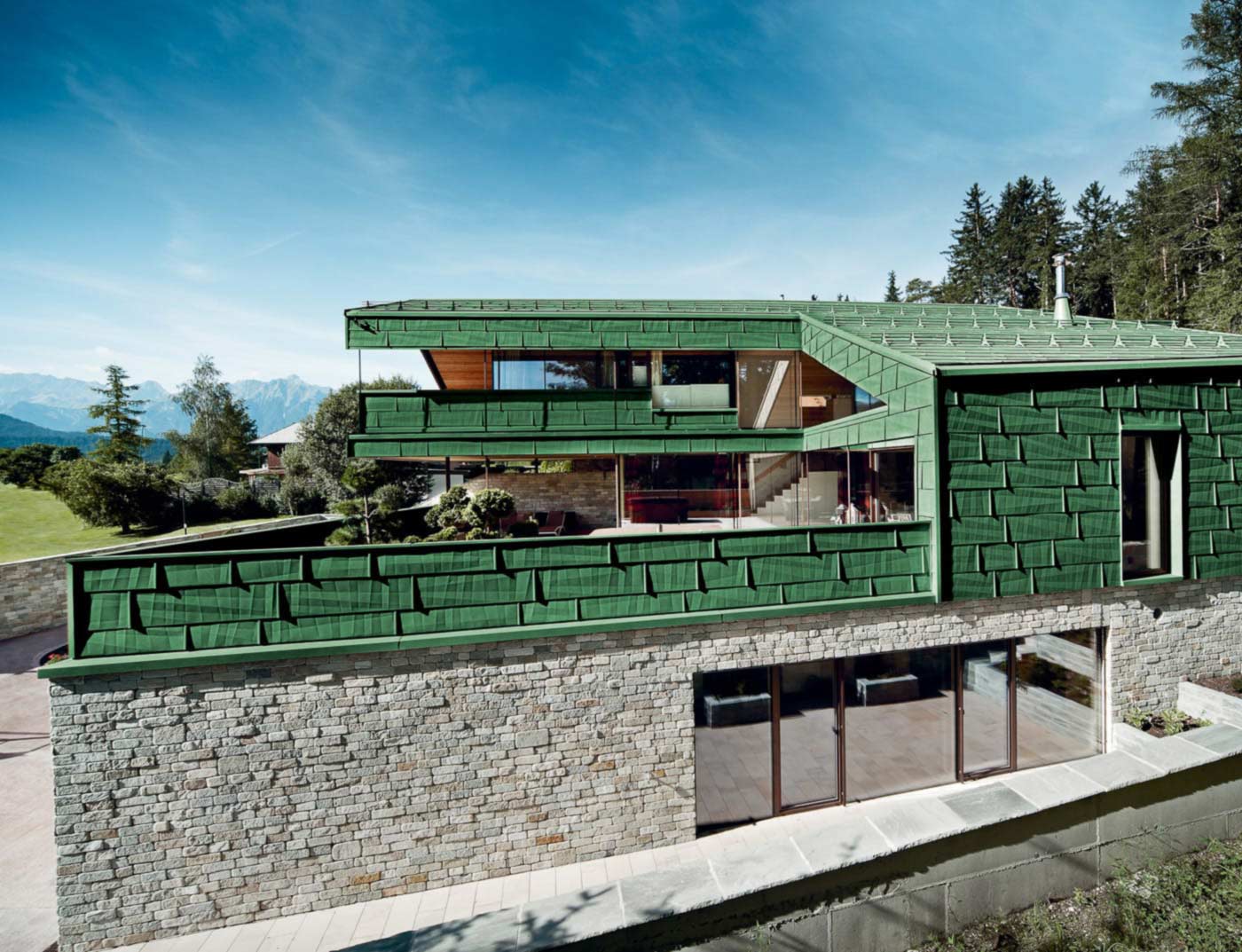 Referenční objekty PREFA Fasádní systémy Fasádní panel FX.12 06 P.10 mechově zelená